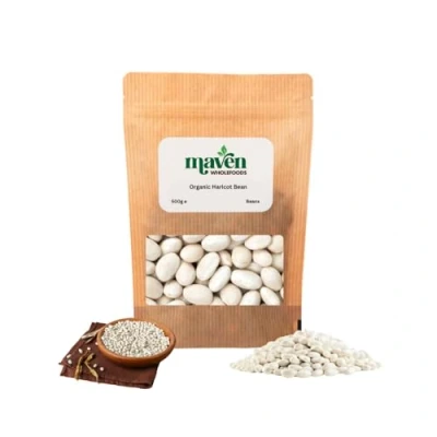 Image of Maven wholefoods Organic Haricot Beans 500g Raw GMO Free Certified High Fibre Protein Suitable for Vegetarian &amp; Vegan Packed Fresh in Resealable Bags (500g)