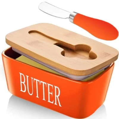 Image of Ceramic Butter Dish with Lid and Knife Porcelain Container Cutter Easy Spread Kitchen Accessories Tableware (Orange)