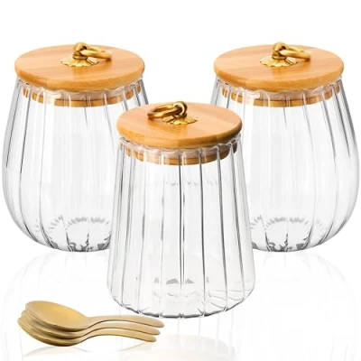 Image of BELLE VOUS Pack of 3 Glass Jars with Airtight Lid and Spoon 2x650ml &amp; 1x700ml Kitchen Storage Containers Bamboo for Tea, Coffee, Sugar, Cookie, Pasta, Salad Spaghetti Spice