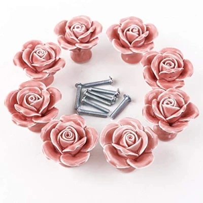 Image of 8pcs Ceramic Vintage Rose Flower Floral Knobs Door Handle Pull with Screw for Cabinet Drawer Cupboard Wardrobe Locker Closet (Pink)