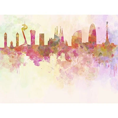 Image of Wee Blue Coo Painting Abstract Cityscape Barcelona Spain Paint Splash Skyline Large Art Print Poster Wall Decor 18x24 inch