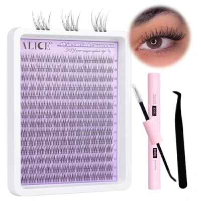 Image of ALICE Natural Lash Clusters Kit Wispy Extension Clear Band Cluster Eyelash Extensions 168pcs C Curl 11 13mm Individual Lashes with Glue Bond and Seal Tweezers DIY at Home