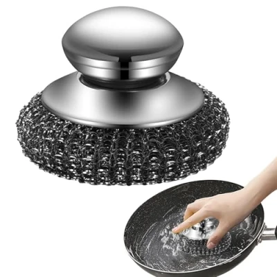 Image of Toseky Metal Scourer, Steel Wool Scrubber with Handle, Detachable Stainless Scourers Dish Brush Pot Scrubber, Wire Scourer for Cleaning Kitchen Pots Pans Grills Sink