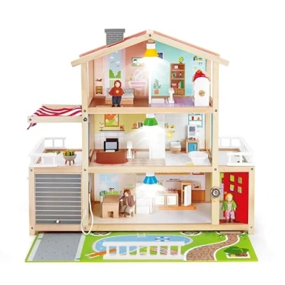 Image of Sustainable Wood Toy, Hape Doll Family Mansion Playset With 4 Figures, 6 Rooms, 2 Balconies, 7 Room Sets and Barbecue. 3 years +