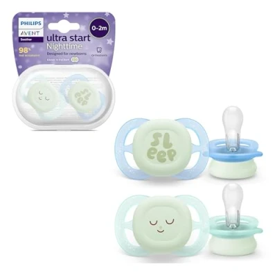 Image of Philips Avent Ultra Start Nighttime Soothers, Orthodontic Dummies for Newborns 0 2 Months, Glow in The Dark, Silicone Symmetrical Teat, BPA Free, with Sterilising/Carrying Case, Pack, SCF075/08