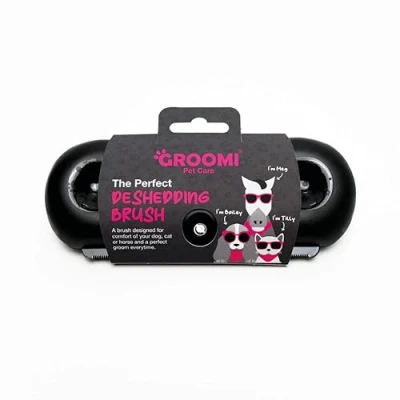 Image of Groomi Tool for Animal Deshedding and Undercoat Brush Smooth Groomer Cats, Dogs Horses Pet Dematting Comb Combs Grooming Black