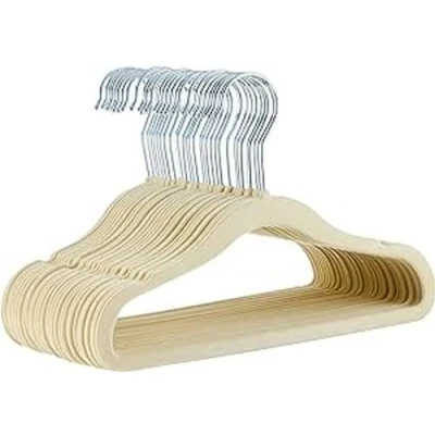 Image of Amazon Basics Kids Velvet, Non Slip Clothes Hangers for Infant and Toddler, 11.6 Inches, Pack of 30, Beige