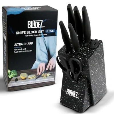 Image of Bladez Professional Kitchen Knife Set, 5pcs Grey Knives, Stainless Steel Granite Non Stick Blades, Chefs, Filleting, Bread, Paring and Utility Knives (Dark Block Set 6 PCS)