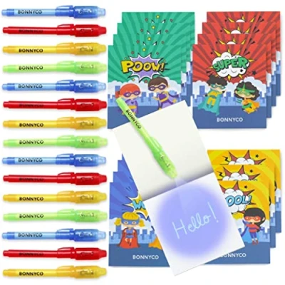 Image of BONNYCO Invisible Ink Pen and Notebook, Pack 16 Superhero Party Bags Fillers, Pinata Toys Birthday Decorations Stocking Fillers for Kids School Prizes, Gifts Children