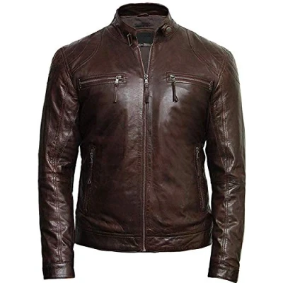 Image of BRANDSLOCK Mens Genuine Leather Biker Jacket Vintage Crinkle Retro (XL, Brown)