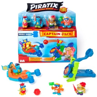 Image of PIRATIX ADVENTURE WORLD Shark Treasure Captain Pack Series, Double Barrel, with 4 Piratix, 1 Golden Captain, &#039;Crystals&#039; Accessories, Sea Speeder, Catapult, 2 Crystal Effect Flags, 4/6