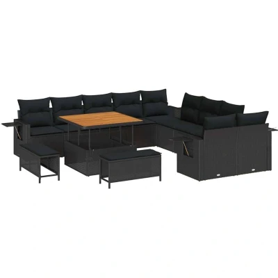 Image of vidaXL 13 Piece Garden Sofa Set with Cushions Black Poly Rattan Acacia