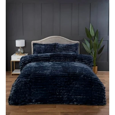 Image of Rapport home Chunky Ribbed Premium Luxury Faux Rabbit Fur Duvet Cover Set Double Charcoal Soft and Warm Fluffy Bedding