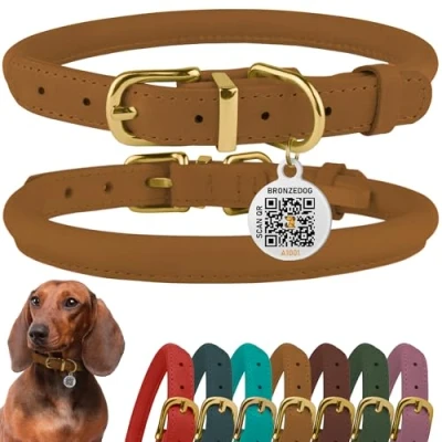 Image of BRONZEDOG Rolled Leather Dog Collar with QR ID Tag Adjustable Soft Round Collars for Small Medium Large Dogs Puppy Cat (Light Brown, 35 41 cm)
