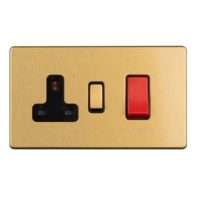 Image of 45AMP DP COOKER SWITCH WITH 13AMP SOCKET FLAT CONCEALED SATIN BRASS PLATE MATCHING ROCKER
