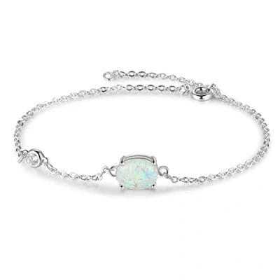 Image of Simple 925 Sterling Silver Oval Opal Bracelets Chain Link Adjustable Bangles For Women Wedding Jewelry