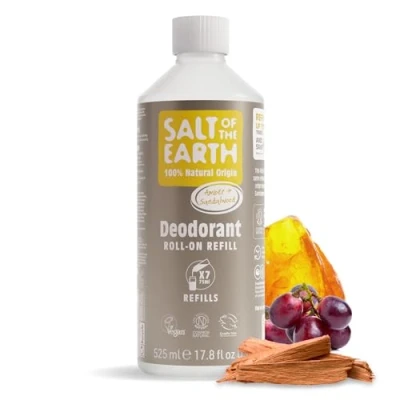 Image of Salt of the Earth Natural Deodorant Roll On Refill by Earth, Amber &amp; Sandalwood Vegan, Long Lasting Protection, Leaping Bunny Approved, Made in UK 525ml