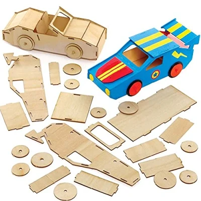 Image of Baker Ross FE625 Racing Car Woodcraft Kits Pack of 2, Wooden Crafts for Children to Decorate and Display, Kids Educational Activity