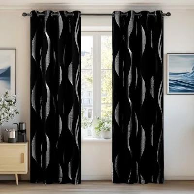 Image of Deconovo Super Soft Wave Line Foil Printed Thermal Insulated Blackout Curtains Window Treatment Eyelet for Children 55 x 95 Inch Black 2 Panels