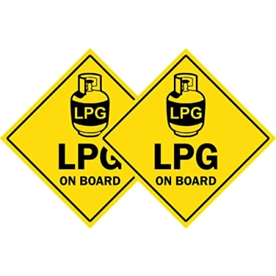 Image of LPG on board Caravan, Motorhome, Campervan Vehicle Safety Gas sign Self adhesive sticker (Pack of 2) (200mm x 200mm)