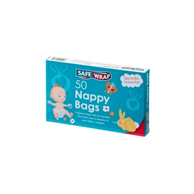 Image of Safe Wrap Disposable nappy sacks with tie handles, baby fresh scented, for waste and general in home, work travel. Quantity 6 x 50 bags (300 total)