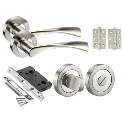 Image of Golden Grace Twist Astrid Style Modern Chrome Bathroom Door Handles on Rose with Duo Finish Lever Latch Pack Ball Bearing Hinges and 64mm Tubular (Bathroom Set)