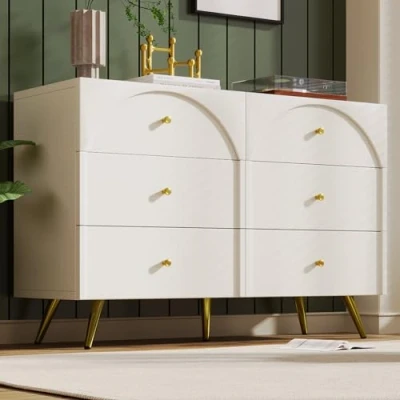 Image of ModernLuxe Chest of Drawers with 6 Drawers, Hallway Storage Unit Arched Drawer Fronts, Living Room Cabinets Adjustable Middle Leg, Sideboard Cabinet, Cream White, 120 x 40 85 cm