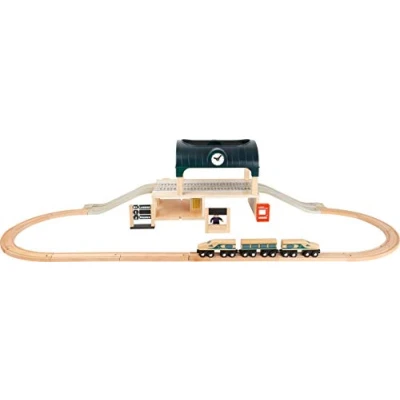 Image of small foot 11235 Central Train Station made of wood, with accessories, express train, conductor, scoreboard and rails, from 3 years