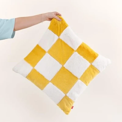 Image of Heya Home Cozee Check Faux Fur Feather Filled Cushion Yellow Size 50 cm x