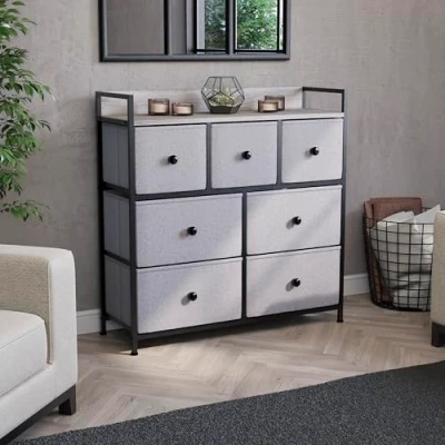 Image of Vida Designs Chorley Chest of Drawers with Sturdy Metal Frame, Wood Top, and Fabric Drawers, Easy to Assemble Versatile Storage Unit for Bedroom, Living Room, or Nursery (Beige &amp; Grey Wood)