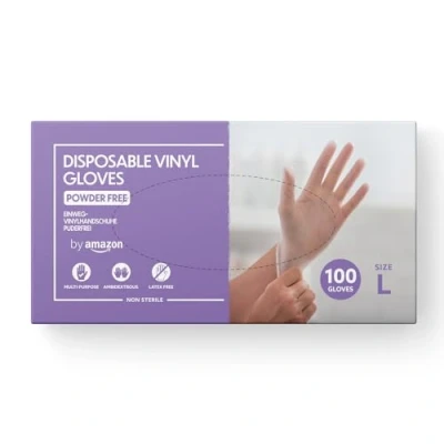 Image of by Amazon Disposable Vinyl Gloves, Size L, Pack of 100, (Previously Hevea Brand)
