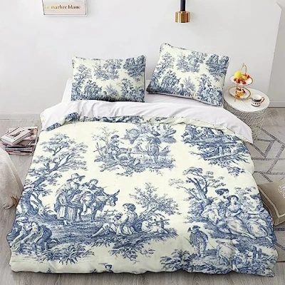 Image of LENTLY Motif of Toile De Jouy Bedding Set 3D Duvet Cover Soft Microfiber Quilt with Pillowcases, Comforter 3 Piece King（220x240cm）