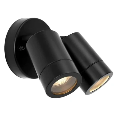Image of Palin IP44 Rated Outdoor Twin Spotlights, Matt Black Steel Adjustable Tilt Outside Lights, Mains Powered Security Spot 2X 7W 240V LED GU10 (Not Included)