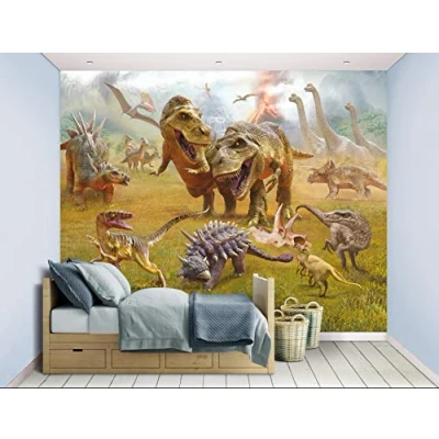 Image of Walltastic Dinosaur Land 46504 Wallpaper Mural, FSC Paper, Multi, 8 feet High x 10 Wide, 1 Size