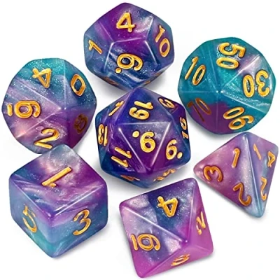 Image of QMAY DND Dice Polyhedral Set 7 Pieces for Dungeon and Dragons MTG RPG D&amp;D D20, D12, D10, D%, D8, D6, D4 (Lake Blue Mix Purple+Glitter)