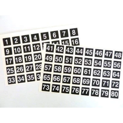 Image of Number Set 1 80 Consecutive, White Numbers on Black 20x20mm Square Labels