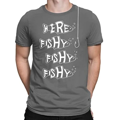 Image of Mens Here Fishy Angling Fisherman Fishing Gift Dad Funny Slogan T Shirt Charcoal Grey (L)