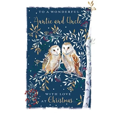 Image of Ling Design Christmas Card &#039;To a Wonderful Auntie and Uncle&#039; Two Owls Keeping Warm on Branch Stunning with Gold Foil Finish