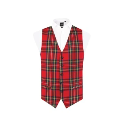 Image of Dobell Mens Red Tartan Waistcoat Regular Fit 5 Button L (42 44in)