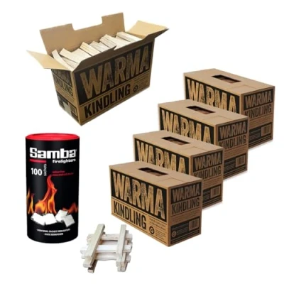 Image of 5 Large Boxes Warma Kiln Dried Kindling &amp; 100 Samba Firestarters Firelighters Sachets Suitable for Lighting BBQ Barbecue Fire Pit Wood Burner Stoves Fireplaces Campfires Open Fires