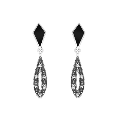 Image of Esse Marcasite Sterling Silver Art Deco Black Enamelled Kite &amp; Drop Earrings
