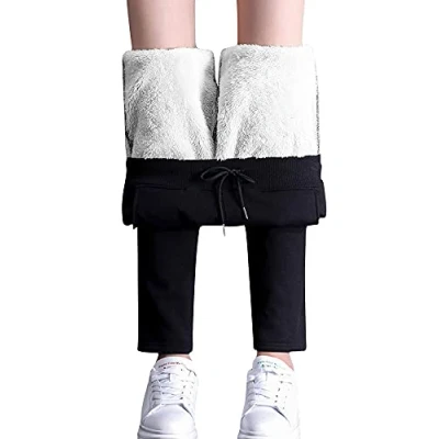 Image of Aurlust Women Sherpa Fleece Lined Sweatpants, Casual Drawstring Elastic Waist Winter Warm Leggings Solid Color Jogger Pants (Black, Small)
