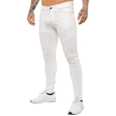 Image of New ENZO Mens Stretch Skinny Fit Biker Blue Denim Jeans 34 W X 34L White