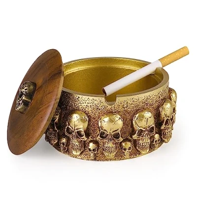 Image of Skull Ashtray with Lid for Cigarettes Natural Resin Ash Tray Indoor or Outdoor Use Cool Ashtrays and Halloween Decorations Home Garden Decor (Gold)