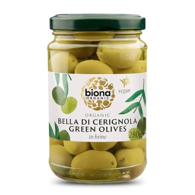 Image of Biona Organic Bella di Cerignola Olives in Brine 280g, Pack of 5 Handpicked The Italian Region Whole Green Succulent &amp; Vibrant Preserved