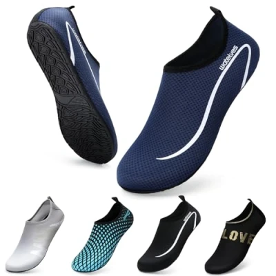 Image of Swim Water Shoes Aqua Socks Barefoot for Sea Beach Swimming Pool Ladies Women Mens Dark Blue Line 9/10 UK
