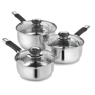 Image of LEWIS&#039;S Non Stick Induction Saucepan Set with Glass Lids Stainless Steel Kitchen Cookware Ultra Conductive Cooking Pots Vented (Set of 3)
