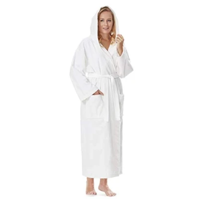 Image of Women`s bathrobe with hood, Astra, calf length or ankle length, 100% cotton terry towelling white Size: Women M Long (Unisex S Long)