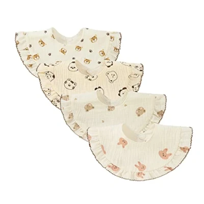 Image of Nishine 4 pcs Unisex Baby Muslin Bandana Drool Bibs 360 Degree Rotatable Cotton Teething Feeding Drooling for Boy Girl (animal set)