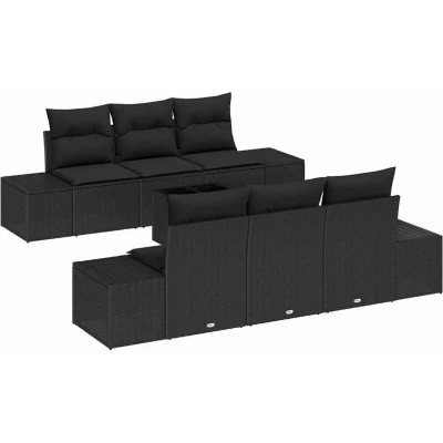 Image of vidaXL 7 Piece Garden Sofa Set with Cushions Black Poly Rattan